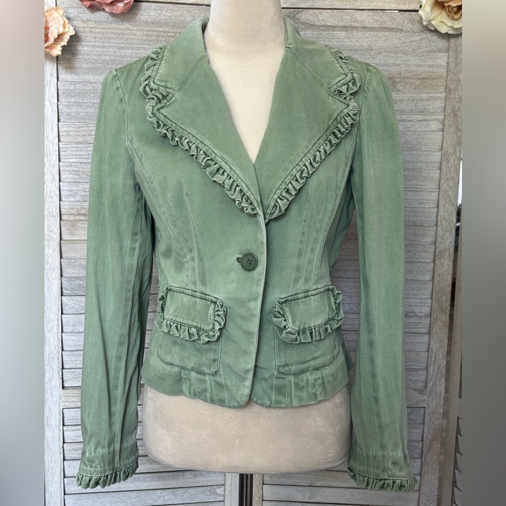 INC Women’s SZ S Vintage Cropped Blazer w/Ruffled Collar/Pockets/Cuffs LightSage - Picture 9 of 16